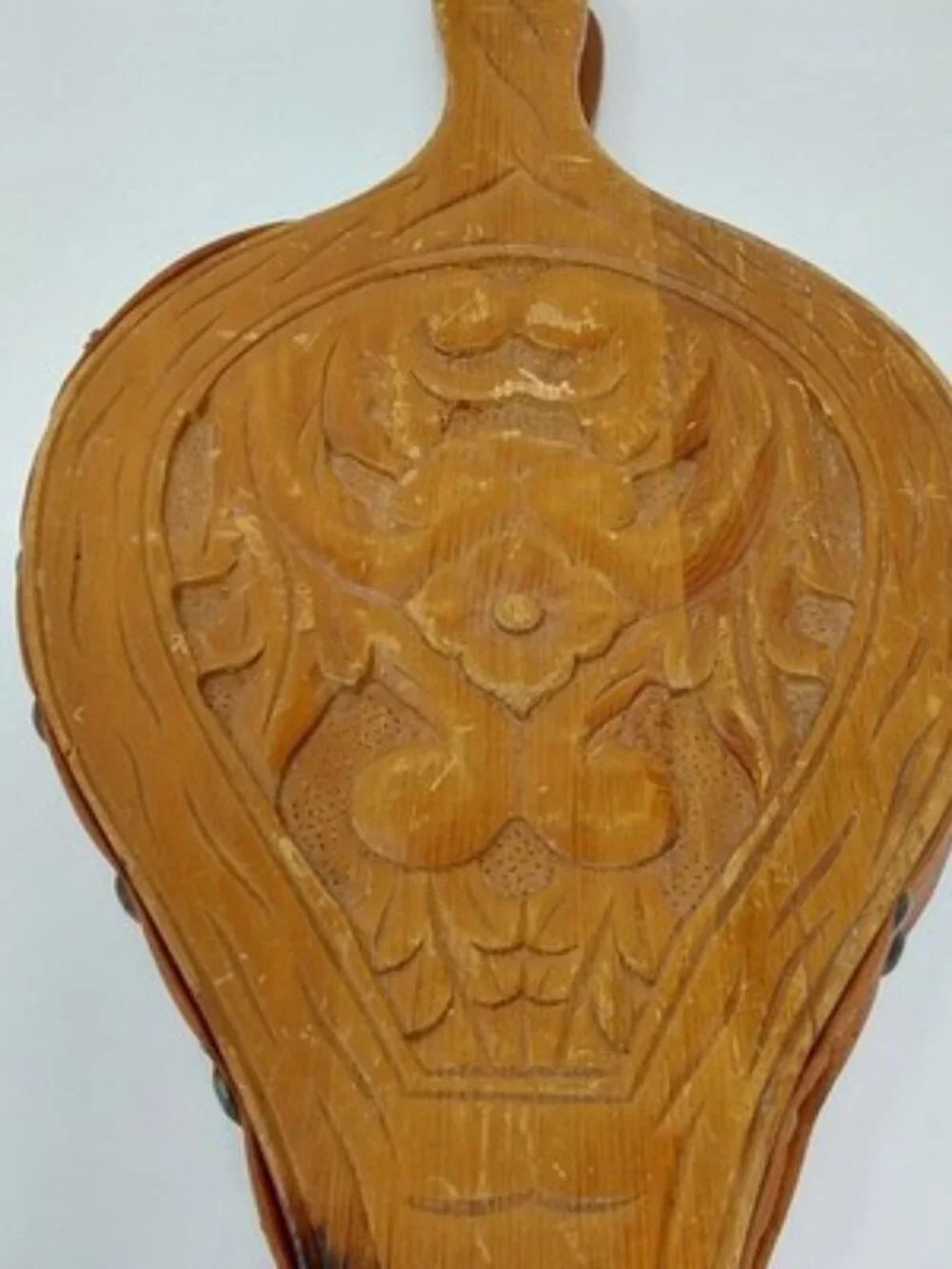 ​Vintage Hand Carved Wood Fireplace Bellows Floral Relief Leather Brass Nozzle